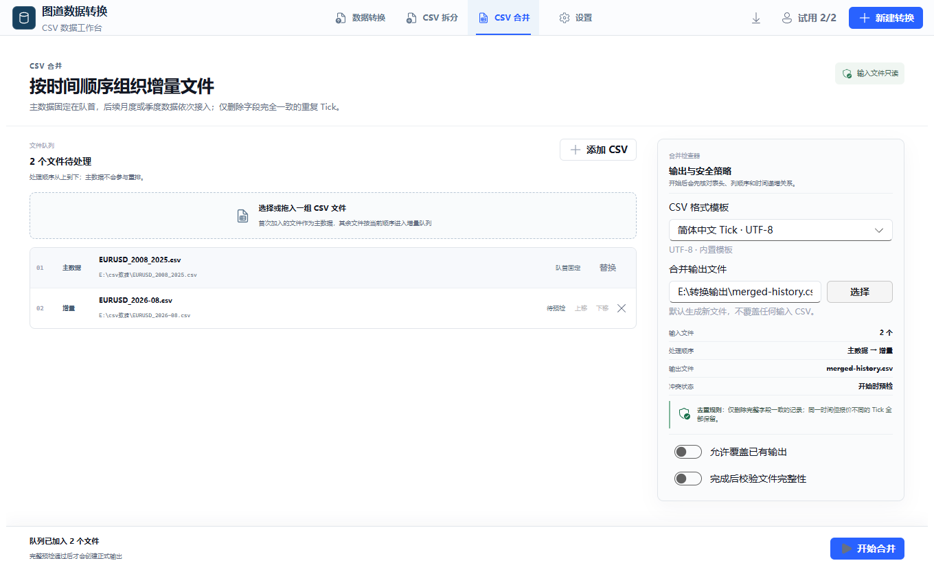 CSV 合并:主数据与月度增量按时间排序